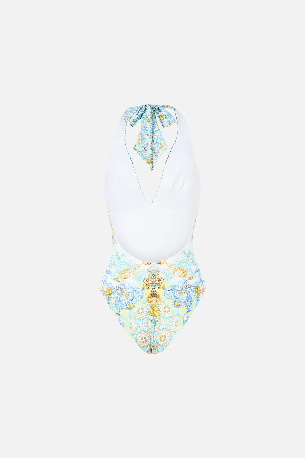 Plunge Halter One-Piece Swimsuit with Bar Front Trim