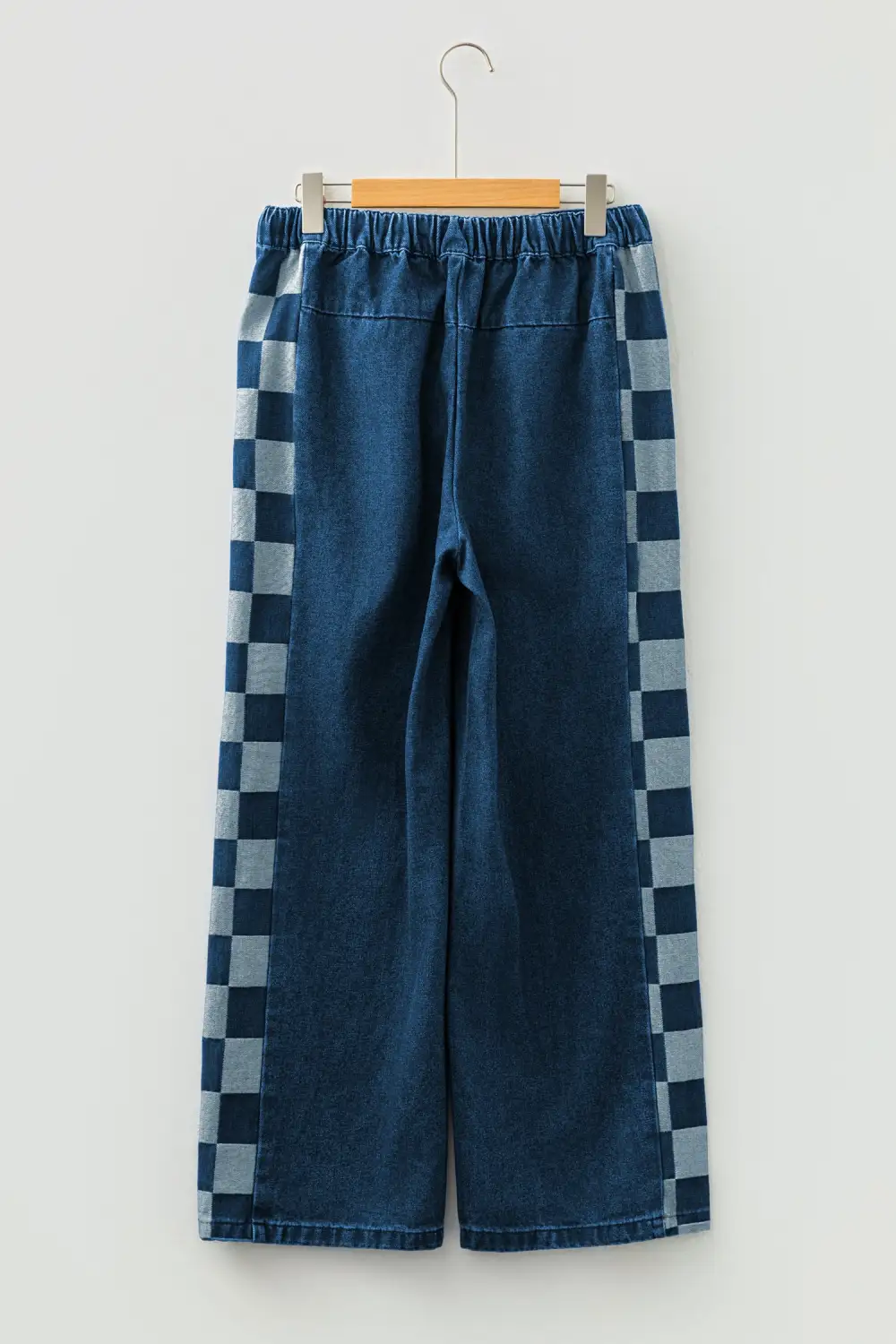 Women's Checkered Side Panel Patchwork Drawstring Loose Denim Pants