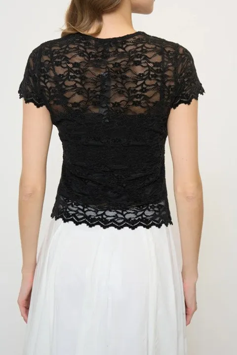 Women's Black Lace Keyhole Short Sleeve Top