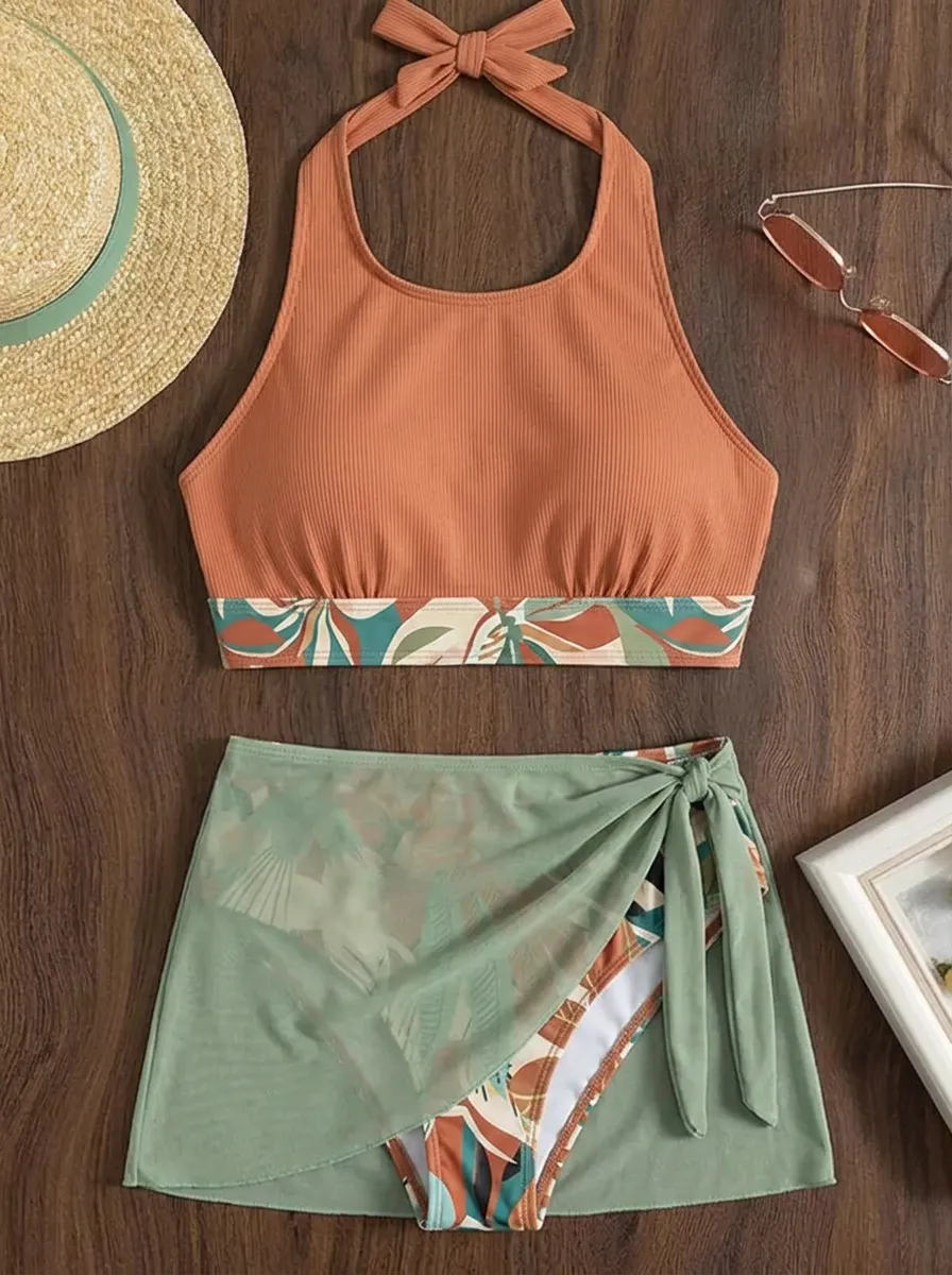 Women's Tropical Leaf Halter Printed Bikini Skirt Set