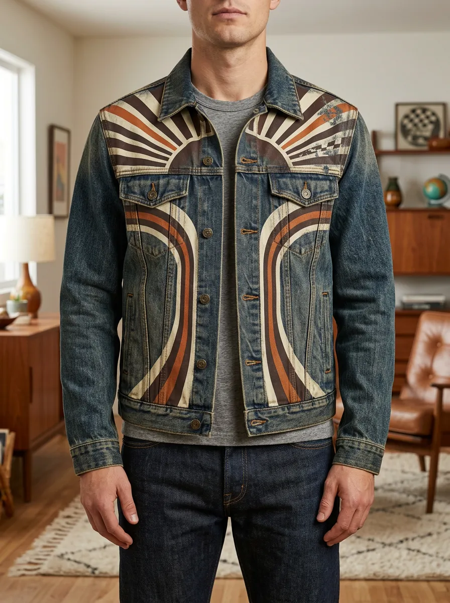 Men's Retro 70s Sunburst Graphic Printed Denim Jacket
