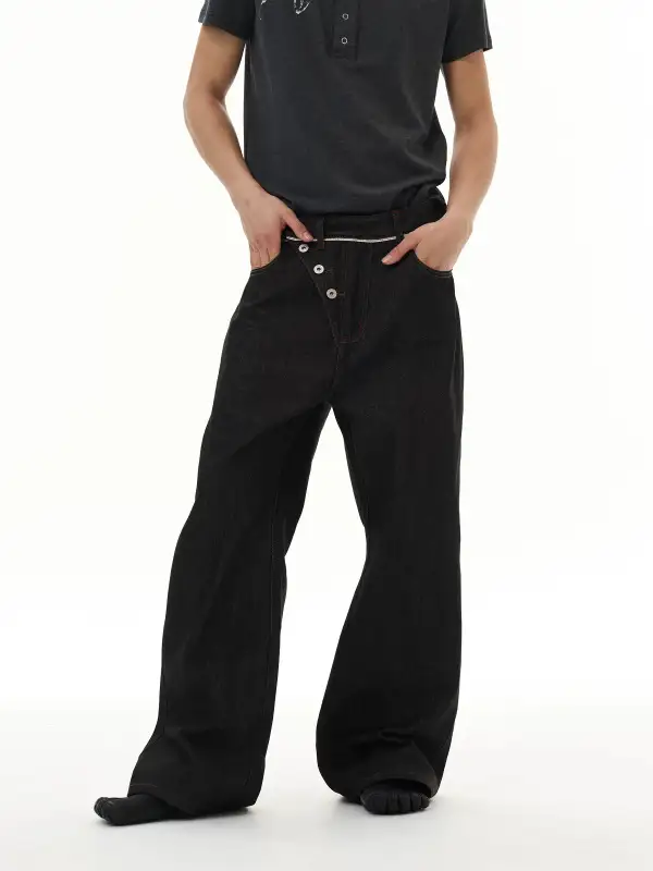 Wide-Leg Washed Contrast-Stitch Jeans
