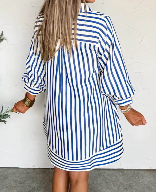 Casual Striped Button Front Pocket Detail Mini Dress