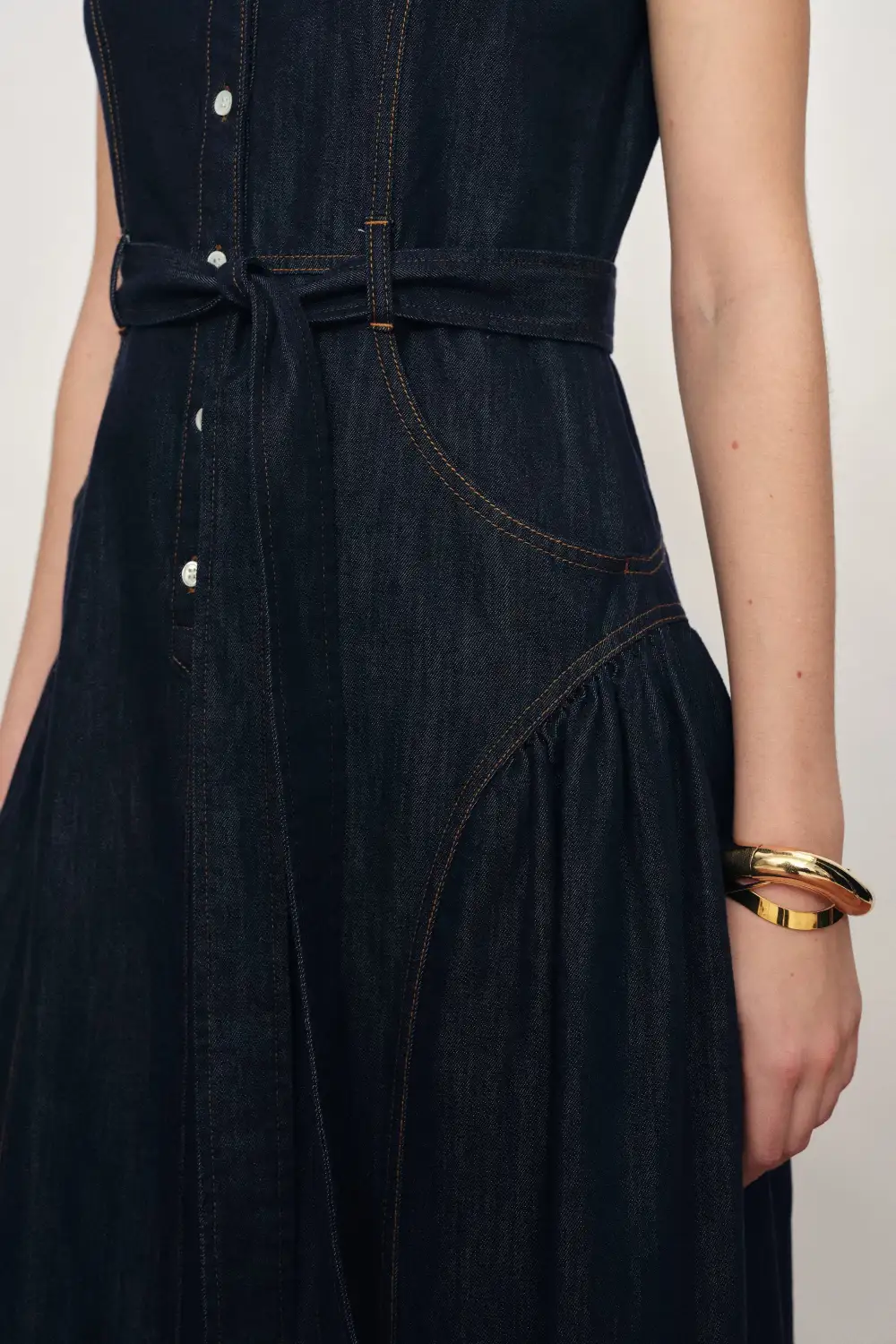 Fluid Sleeveless Cotton Denim Midi Dress