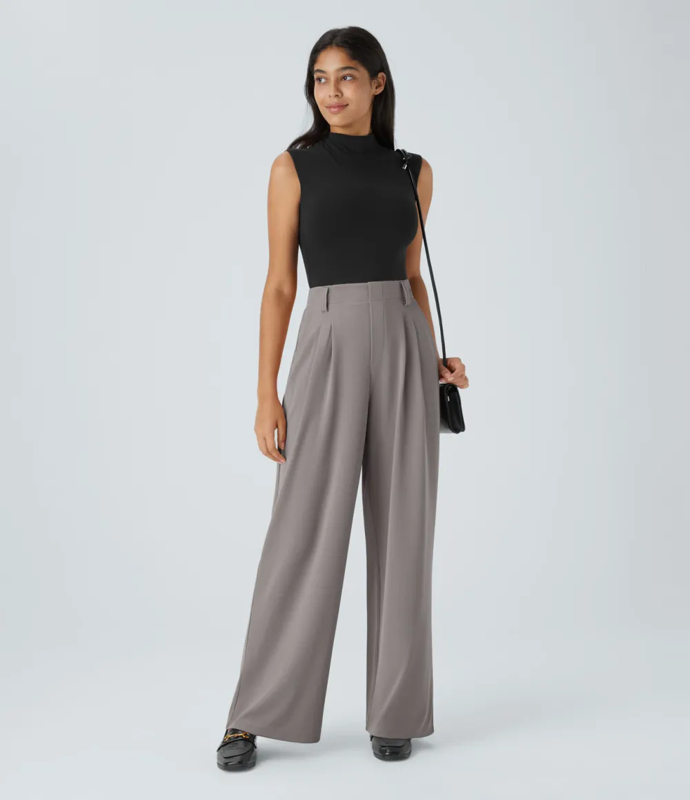  High Waisted Plicated Side Pocket Wide Leg Waffle Work Pants