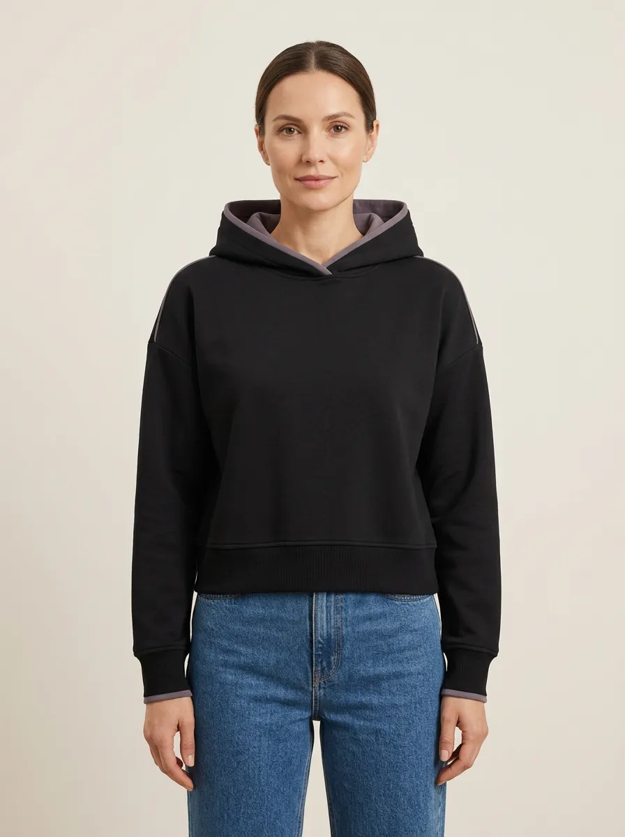 Women's Contrast-Lined Pocketless Cropped Pullover Hoodie