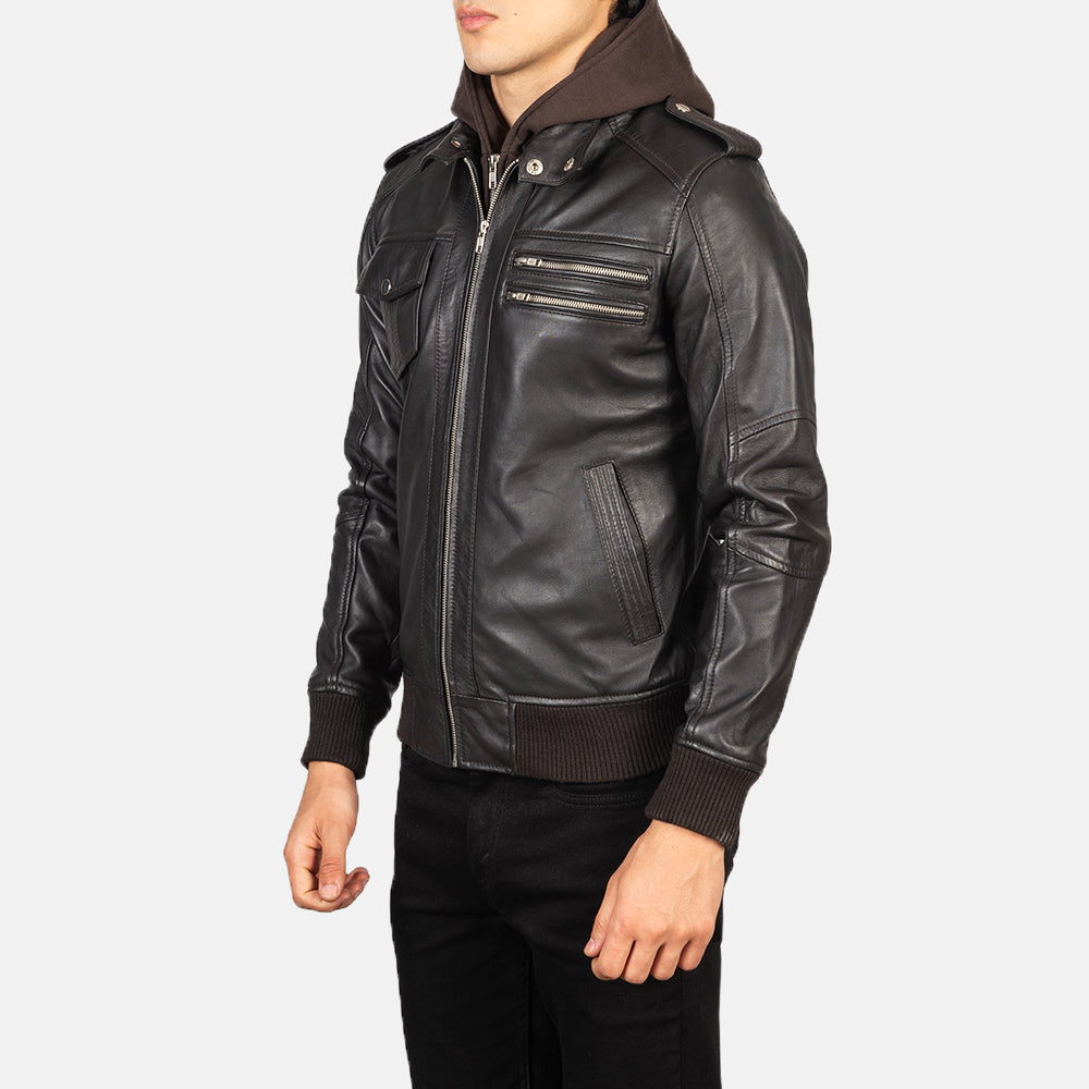 Men's Rugged Bomber Hooded Leather Jacket