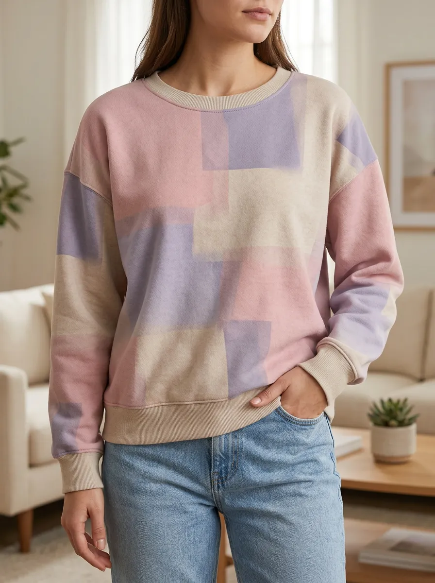 Women's Multicolor Geometric Print Crewneck Sweatshirt Relaxed Fit