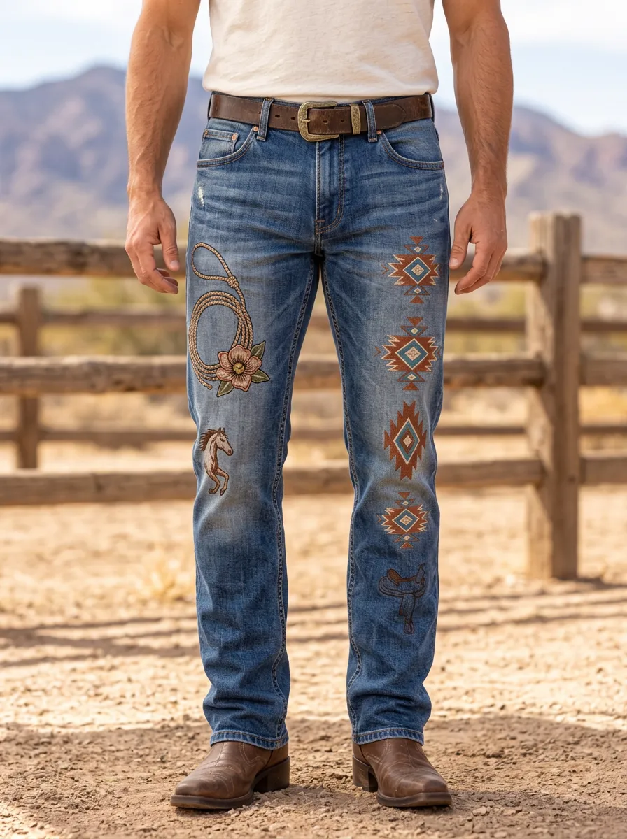 Men's Western Cowboy Horse Lasso Geometric Jeans