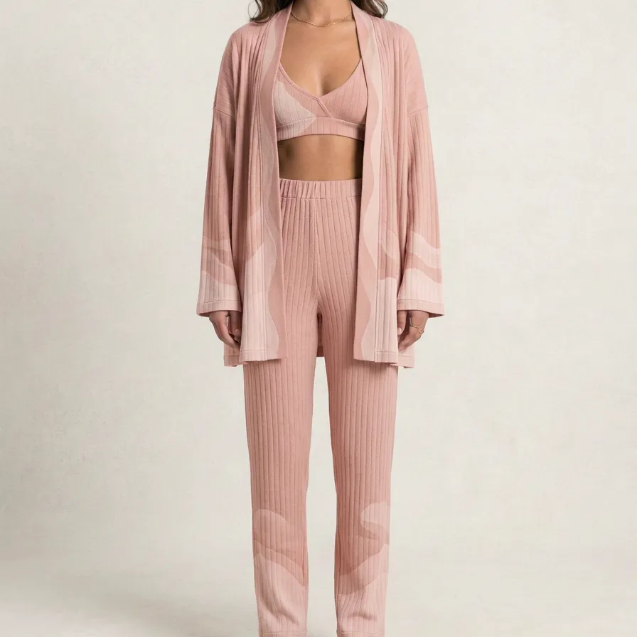 Wavy Ribbed Cardigan Lounge Set