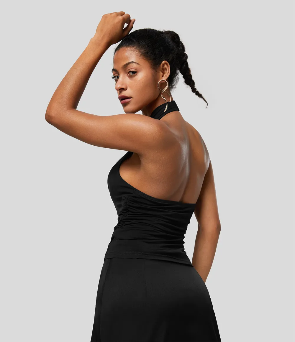 Halter Cowl Neck Backless Ruched Casual Tank Top
