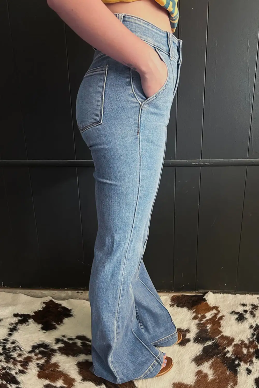 Women's Two Button High Waist Piping Trim Bootcut Jeans