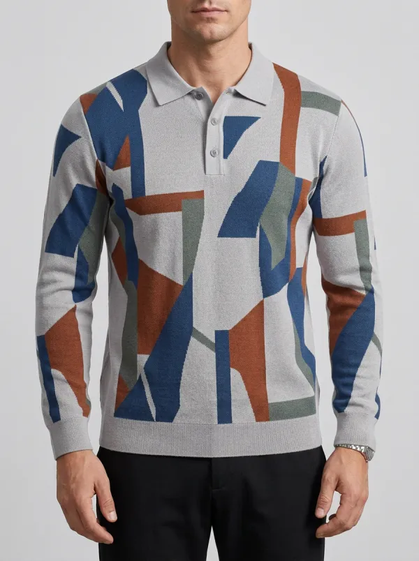 Men's Geometric Pattern Printed Long Sleeve Polo Shirt