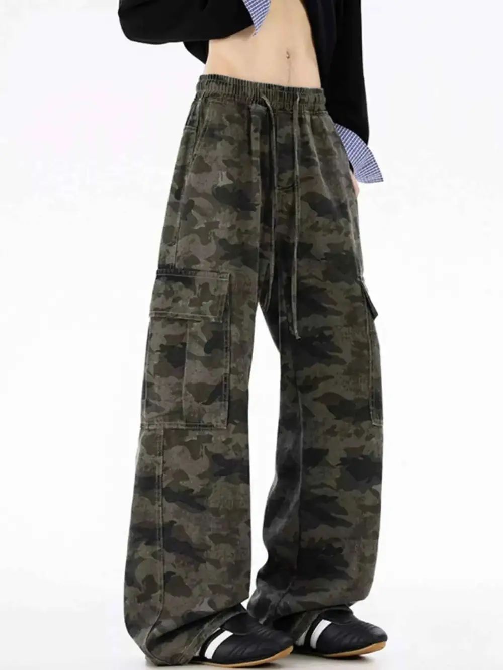 Drawstring Camouflage Wide Leg Pants