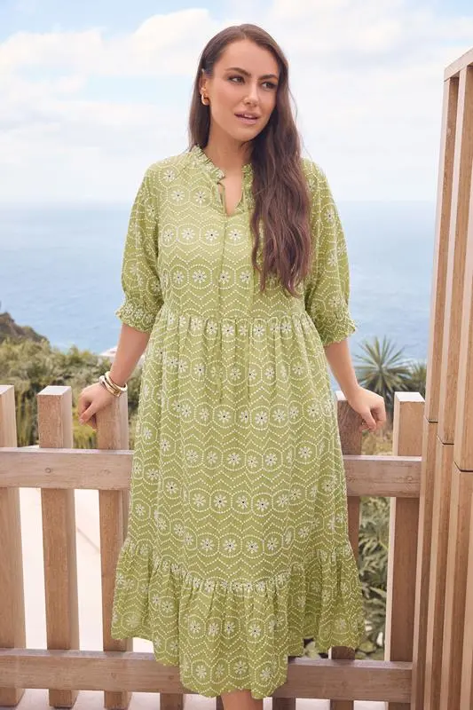 Green Tie Neck Broderie Cotton Maxi Dress