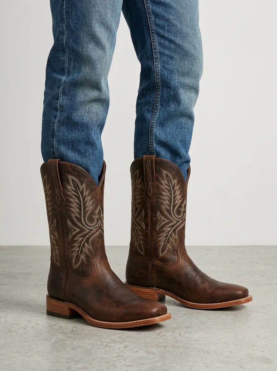 Men's Trail Western Embroidered Brown Leather Printed Boots
