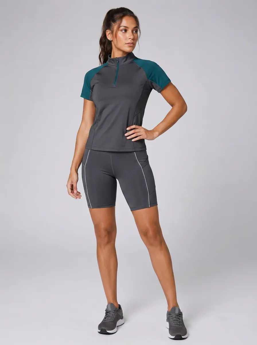 Women's Athletic Fitness Two-Tone Quarter-Zip Biker Short Set