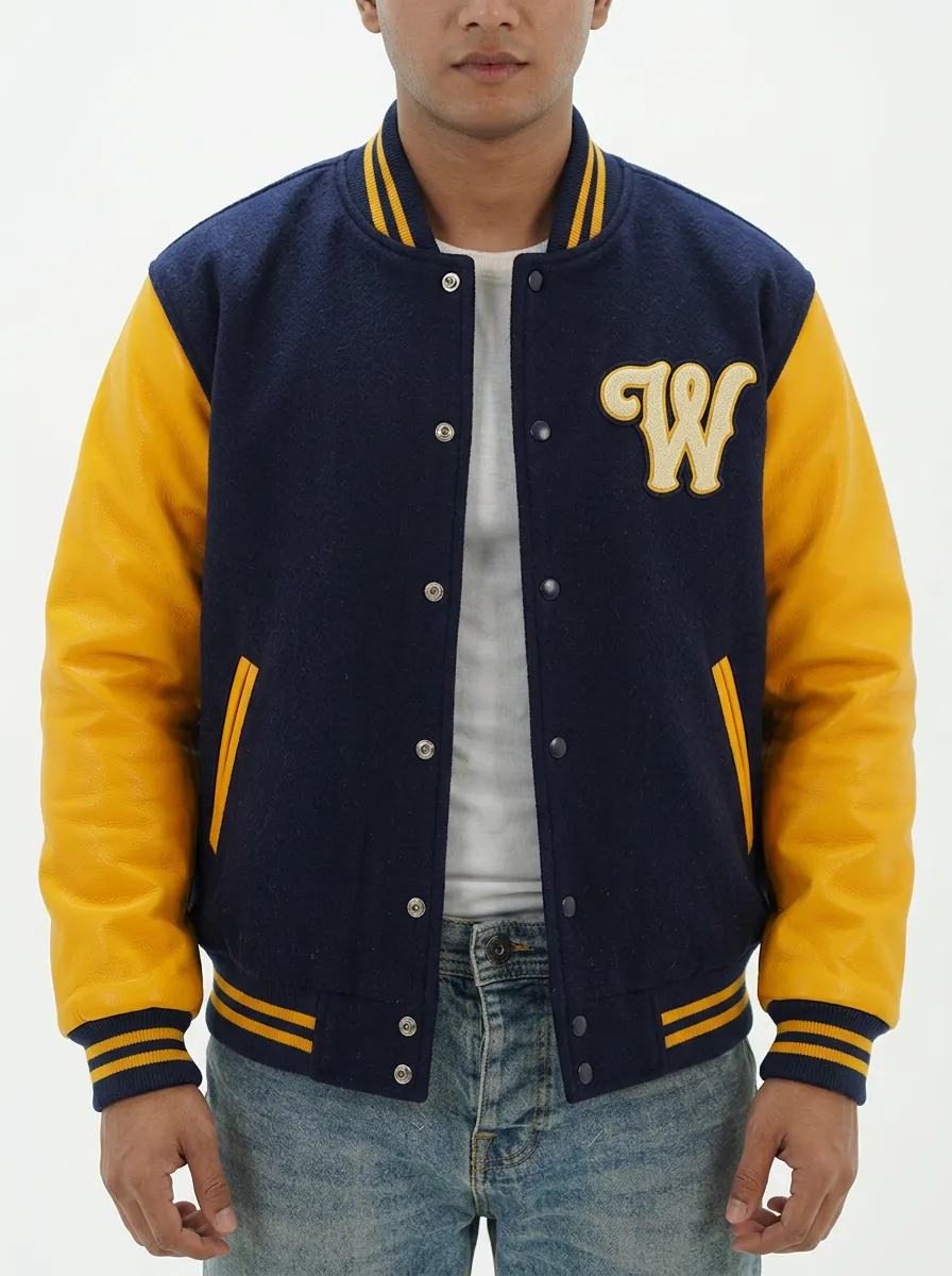 Men's Letter W Navy & Yellow Wool Baseball Jacket