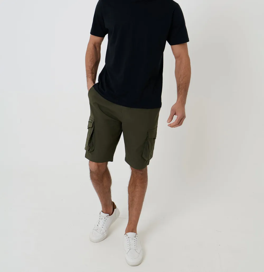 Khaki Green Elastic-Waist Stretch Cargo Shorts