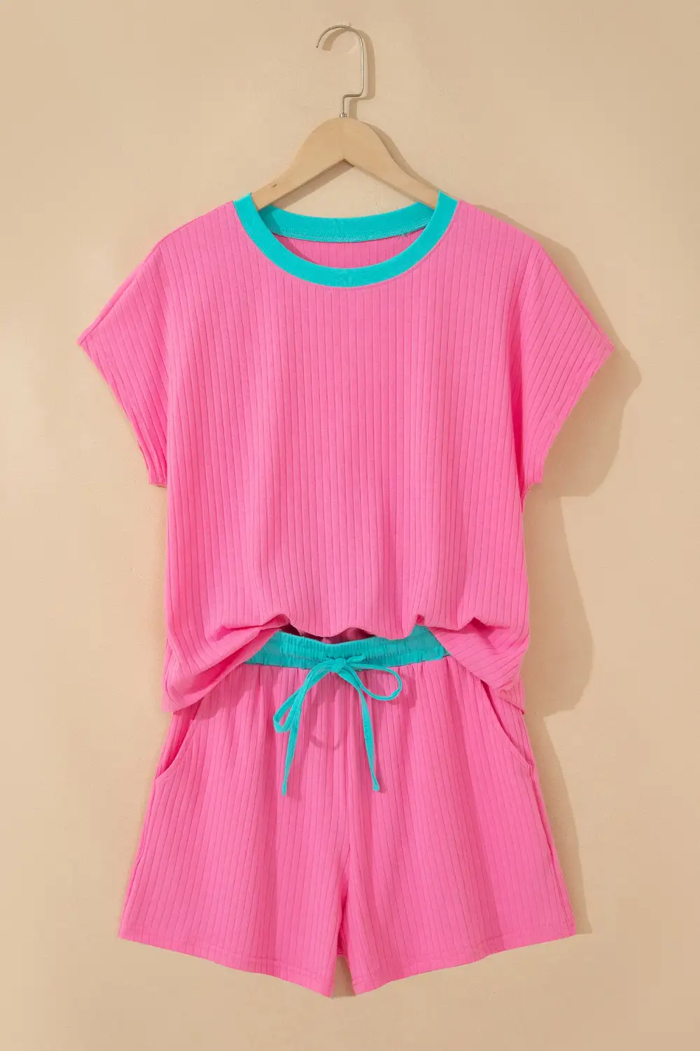 Women's Soft Ribbed Color Block Trim Casual Short Set