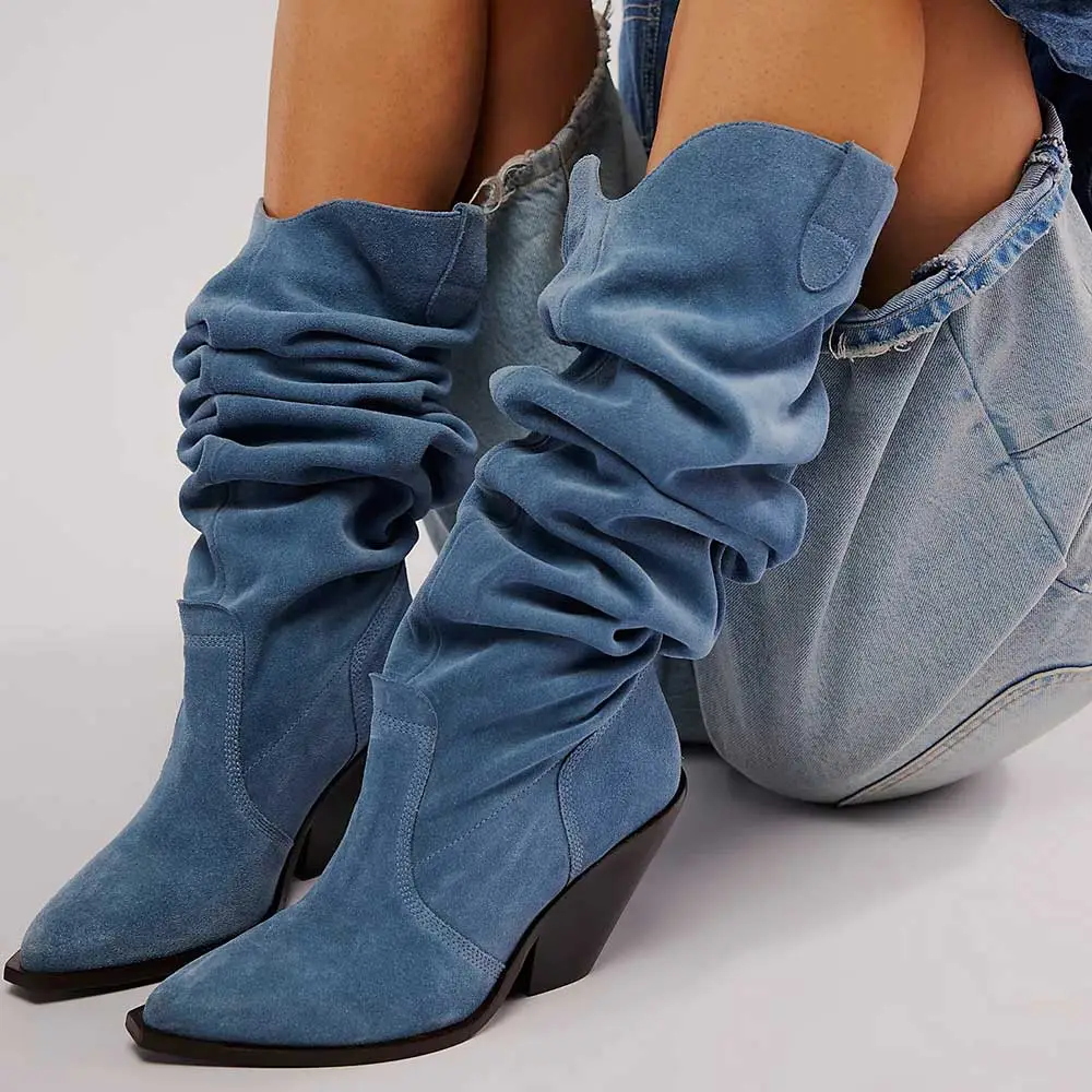 Denim Slouch Pointed-Toe Chunky-Heel Over-the-Knee Boots