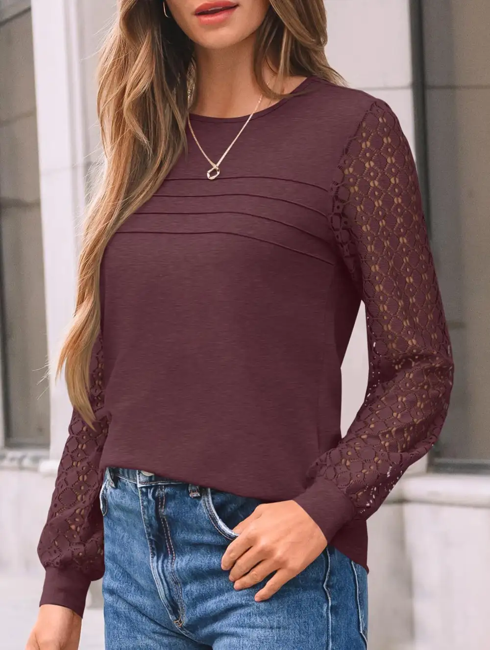 Crew Neck Openwork Patch Top