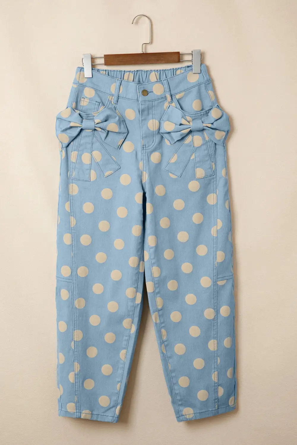 Polka Dot Relaxed Fit Pocketed Bow Detail Casual Jeans