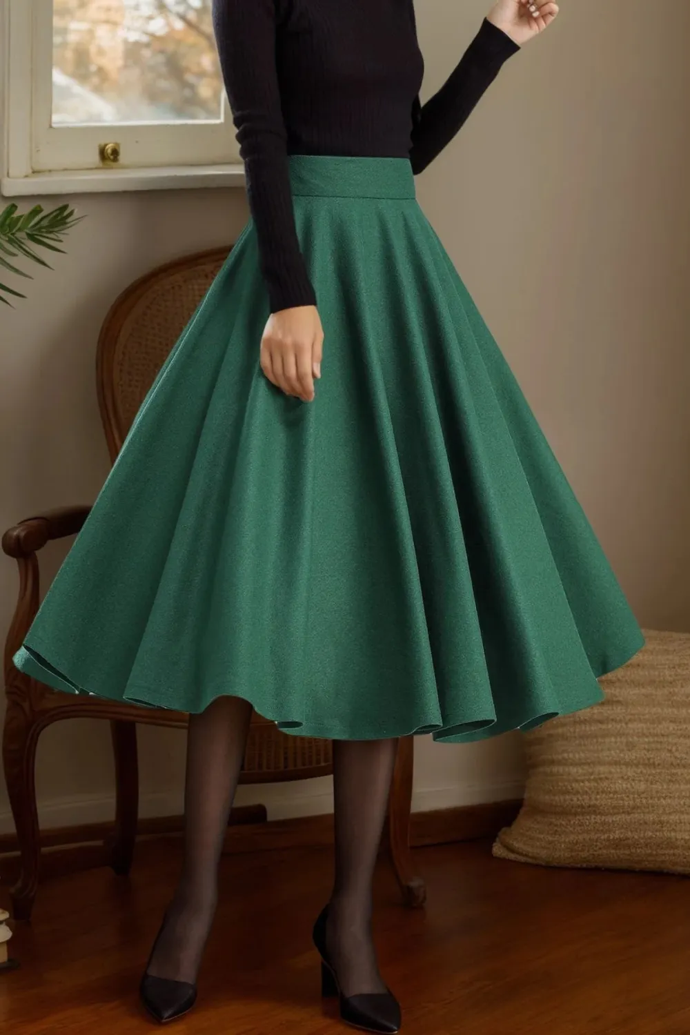 Artful Wool Blend Pleated Circle High Waist Midi Skirt