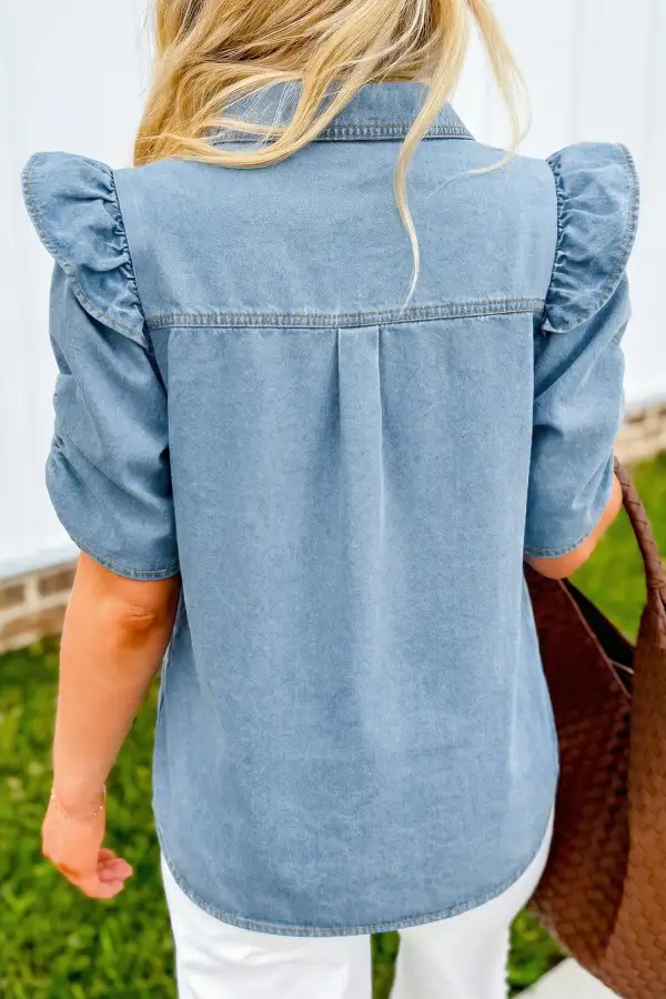 Women's Denim Puff Sleeve Button Front Blouse