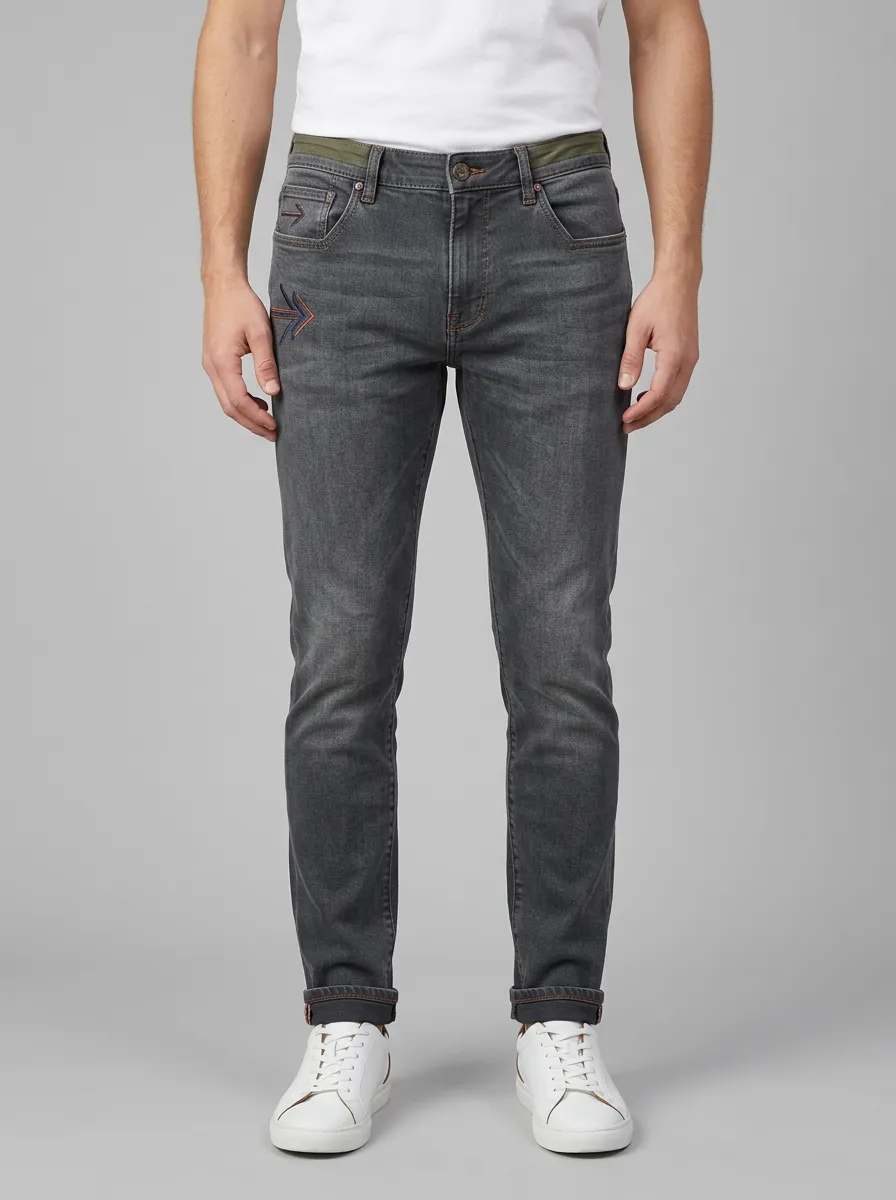 Men's Arrow Embroidery Gray Washed Slim-Fit Jeans