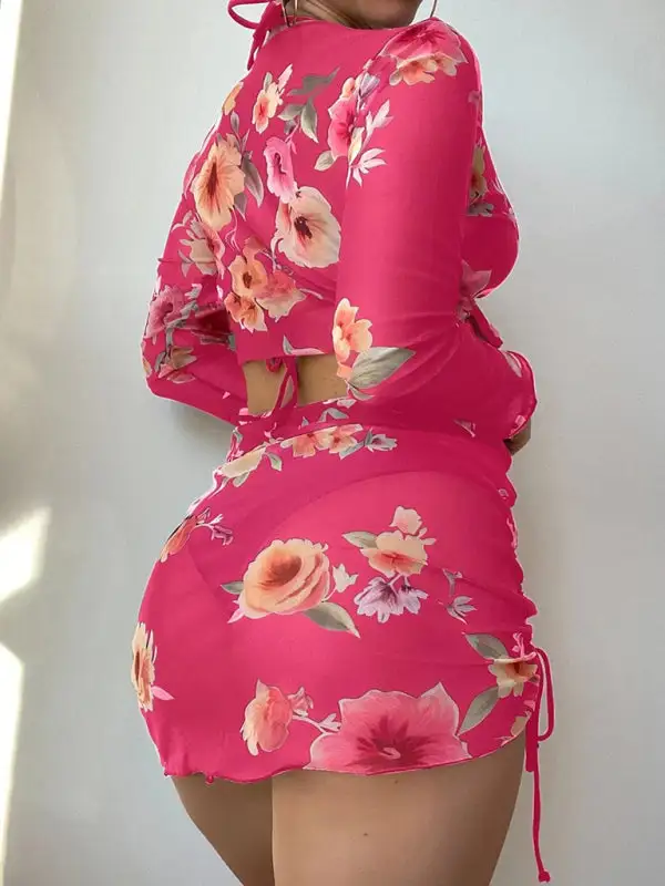Drawstring Long Sleeve Bikini Swim Set