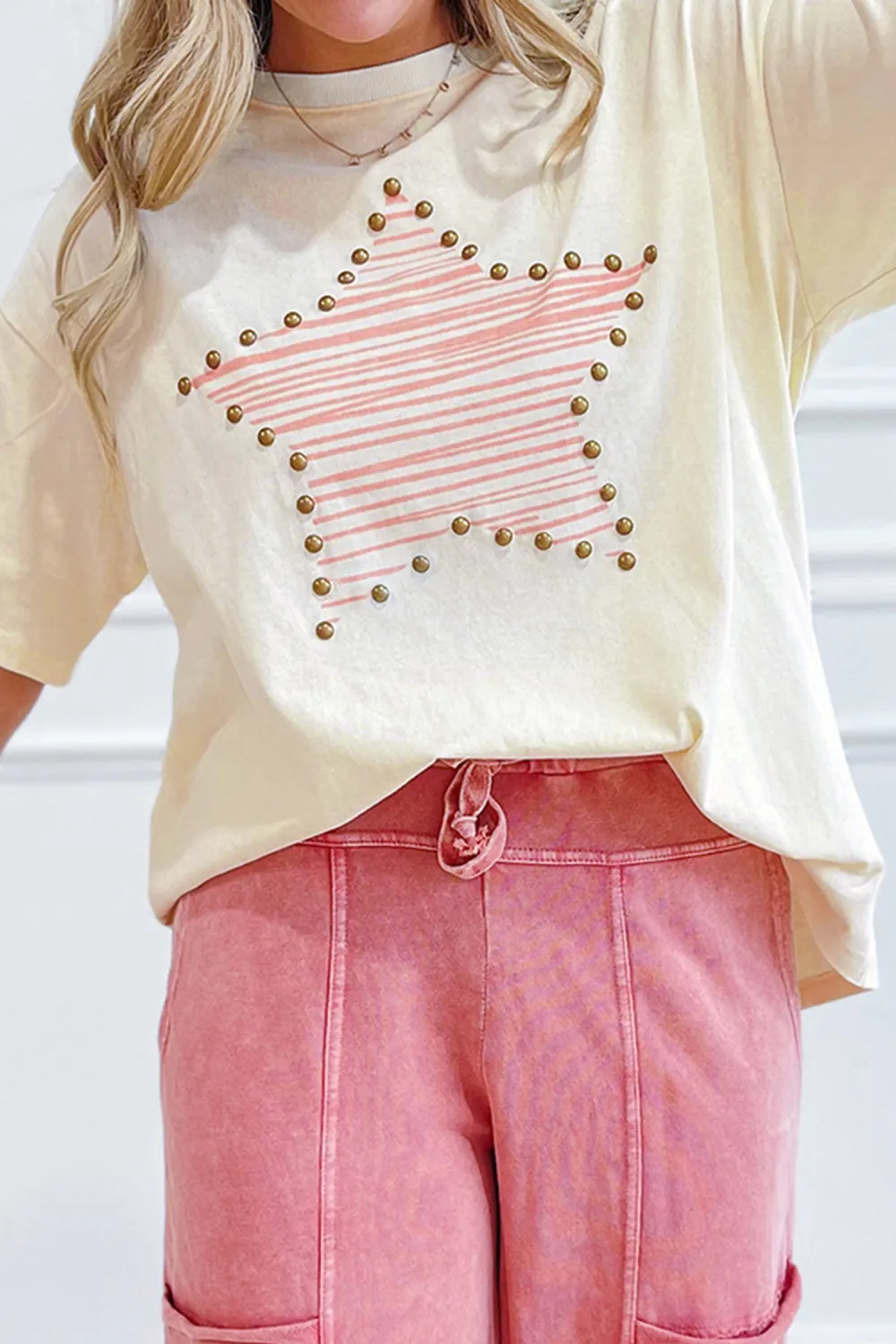 Beige Star Print Stud Detail Top