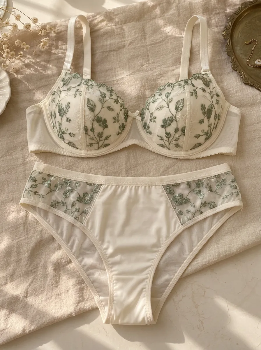 Women's Floral Embroidery Sheer Mesh Adjustable Strap Lingerie Set
