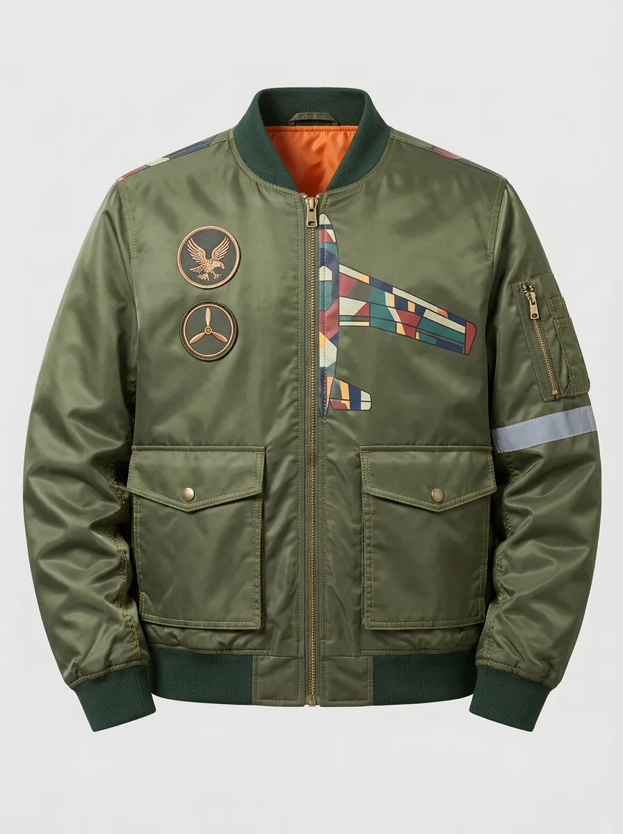 Men's Aviation Enthusiast Airplane Eagle Patch Printed Bomber Jacket