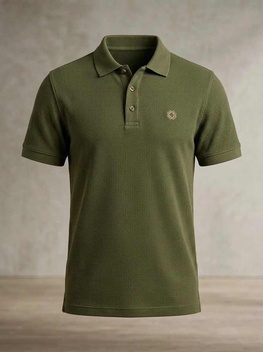 Waffle-Knit Geometric-Detail Embroidered-Detail Men's Polo Shirt