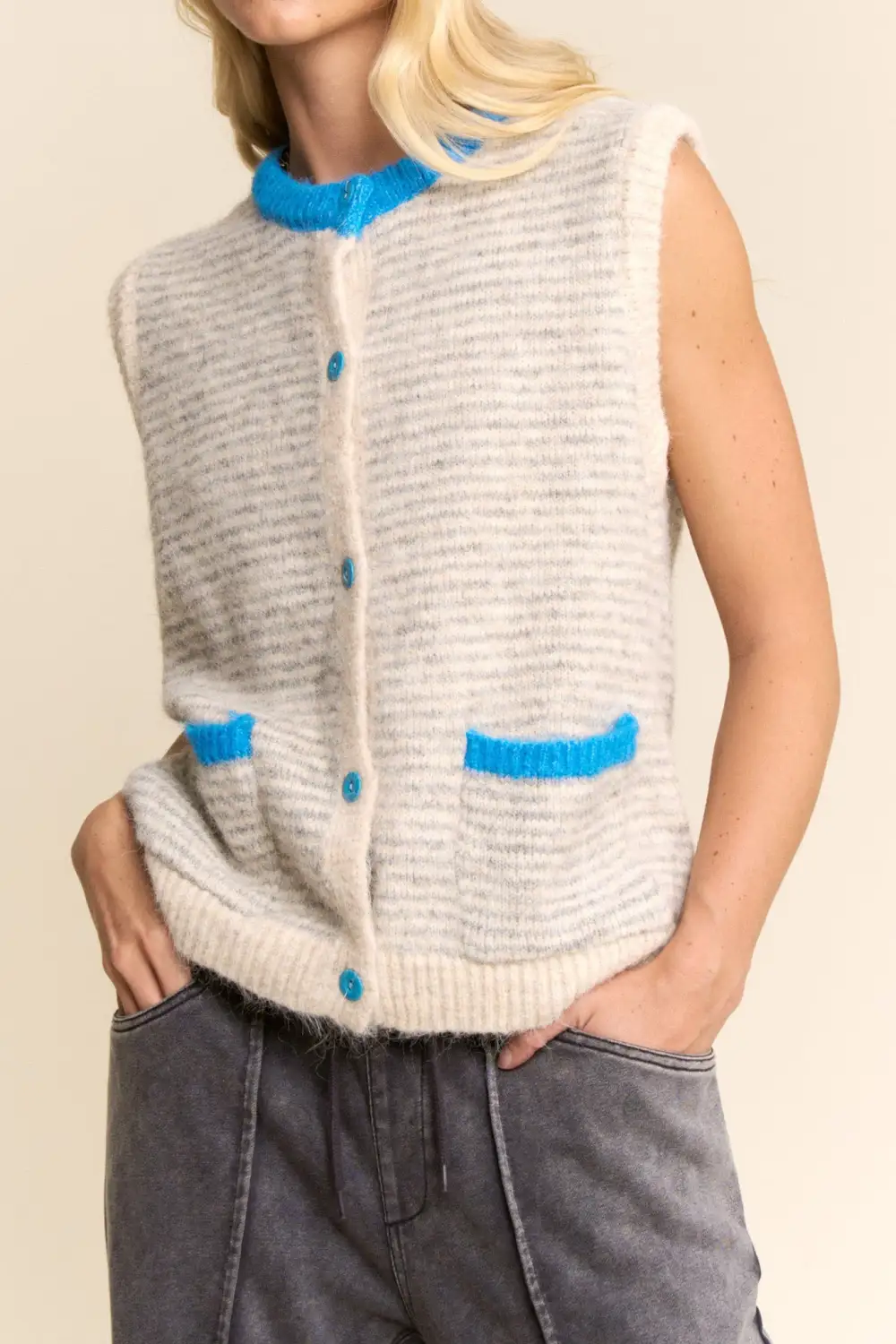 Striped Button Front Sleeveless Relaxed Sweater Vest