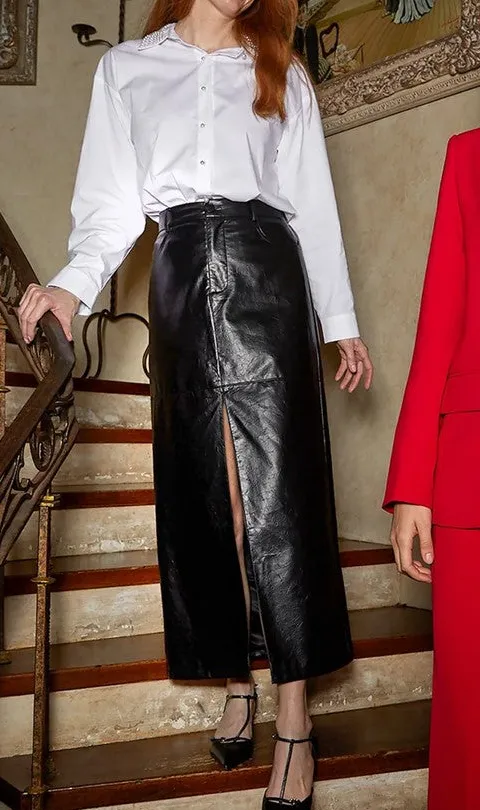 Black Faux Leather Slit Midi Skirt