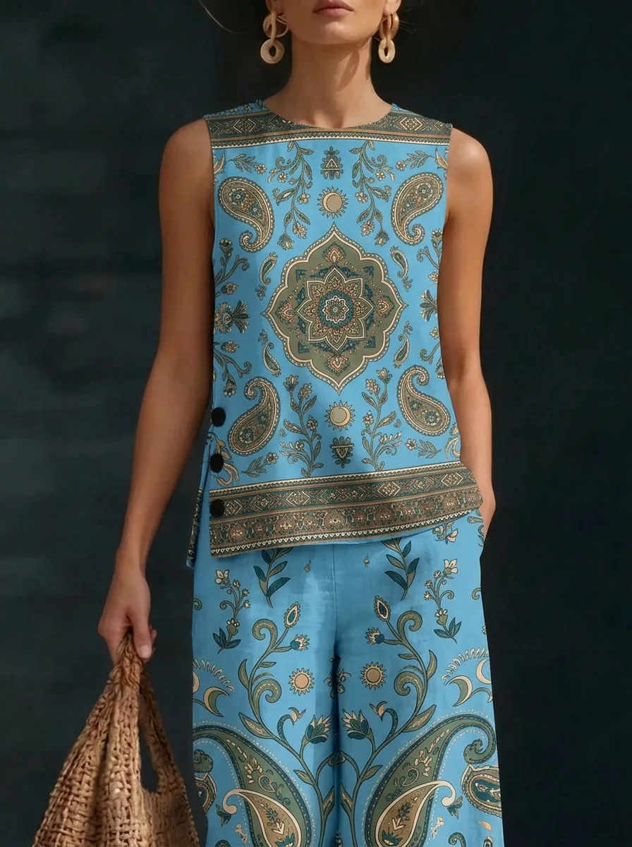 Women's Bohemian Paisley Floral Printed Sleeveless Set