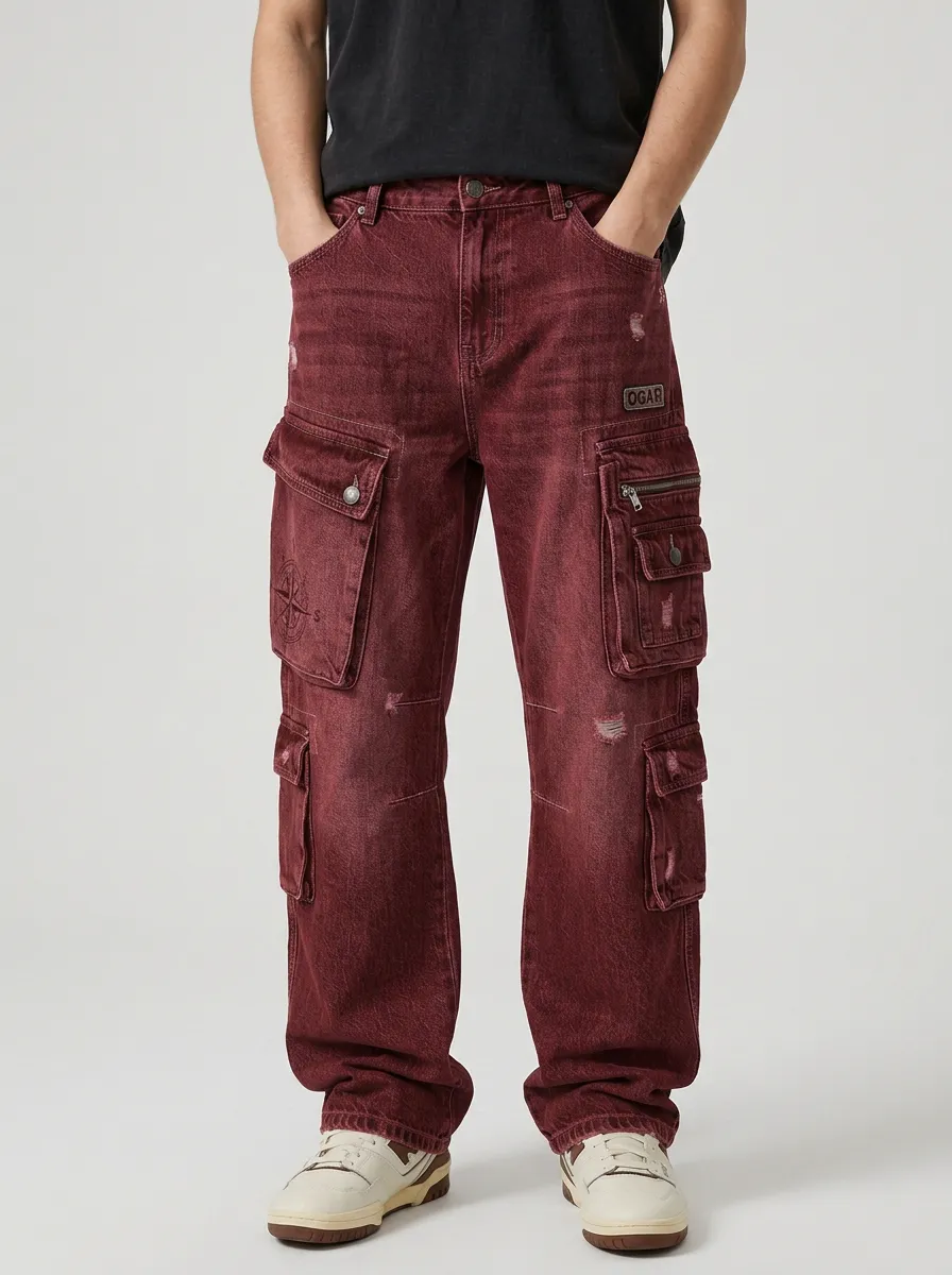 Men's Vintage Compass Graphic Distressed Multi-Pocket Cargo Jeans