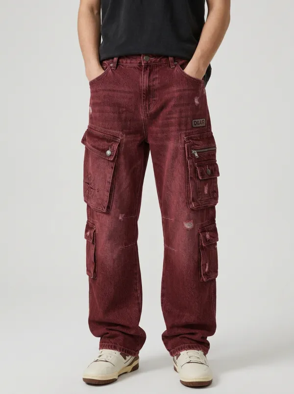 Men's Vintage Compass Graphic Distressed Multi-Pocket Cargo Jeans