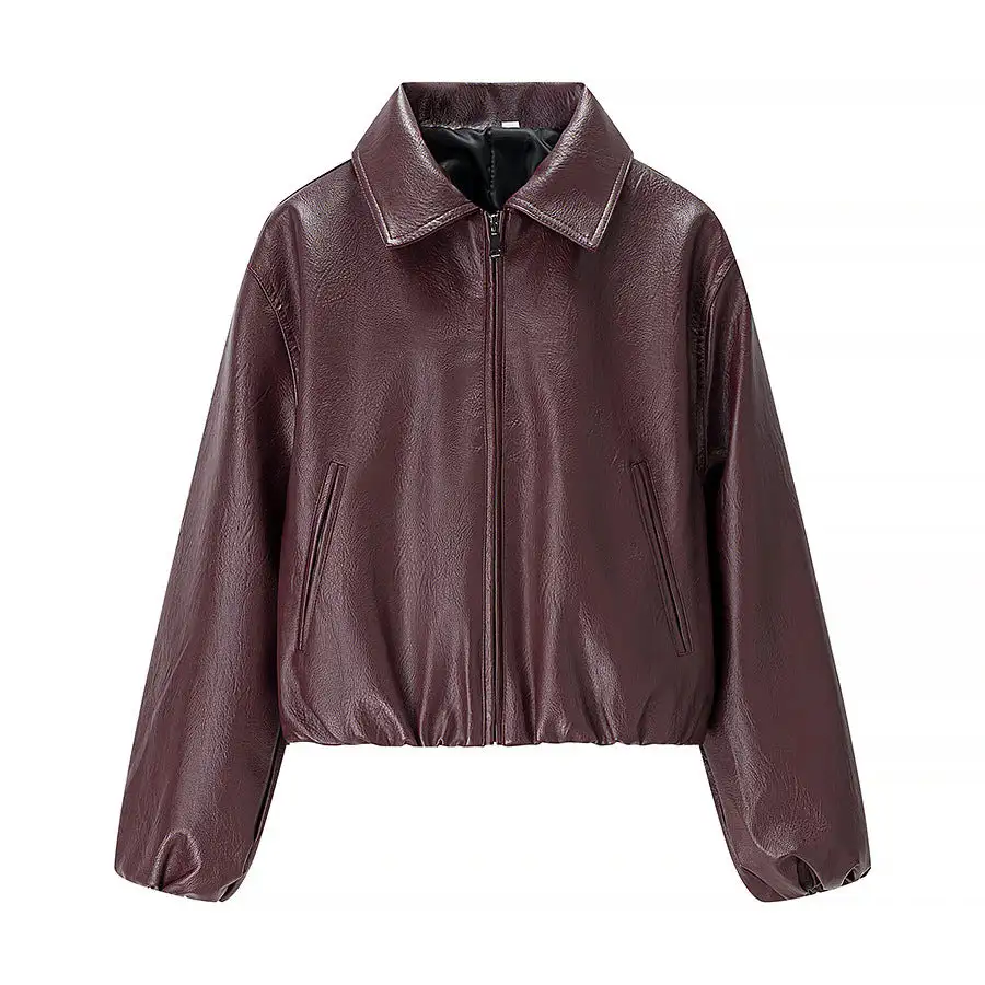 Cropped Faux Leather Shirt Collar Elastic Hem Bomber Jacket