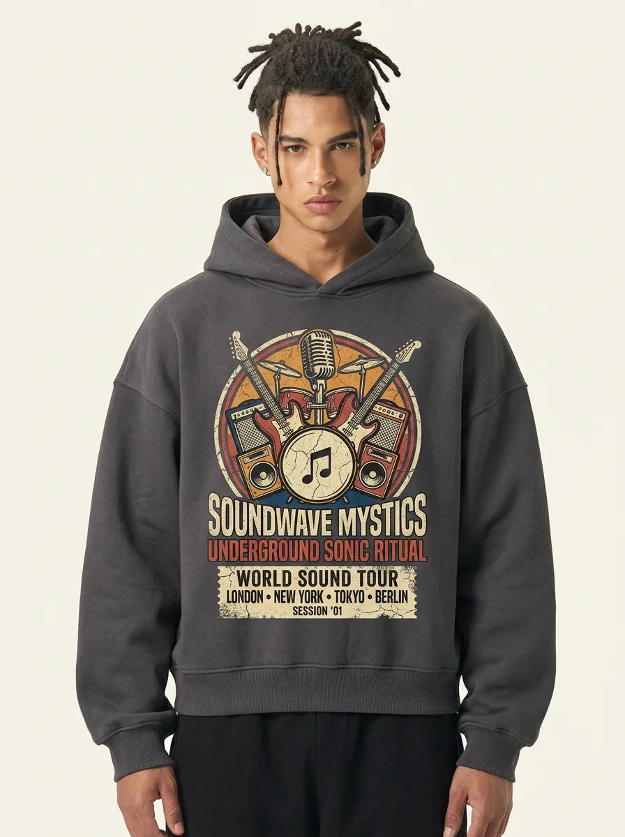 Men's Rock Band Music Lover Guitar Microphone Printed Hoodie