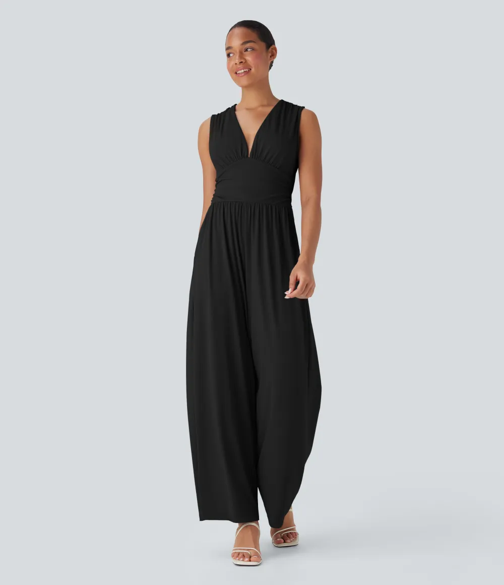 SoftlyZero Airy V Neck Sleeveless Ruched Pocket Cool Touch Casual Jumpsuit-Easy Peezy