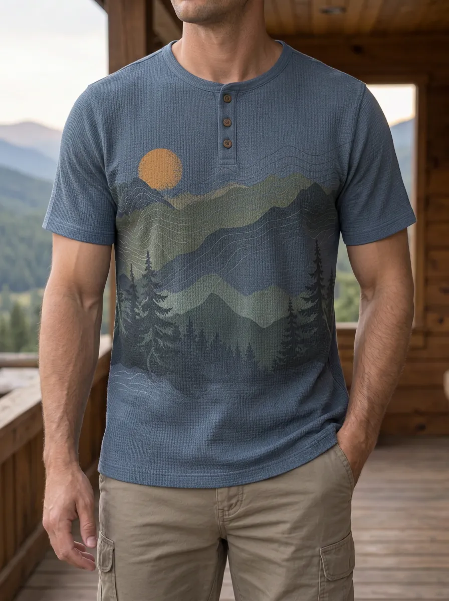 Men's Classic Outdoor Nature Lover Mountain Forest Sun Henley T-Shirt
