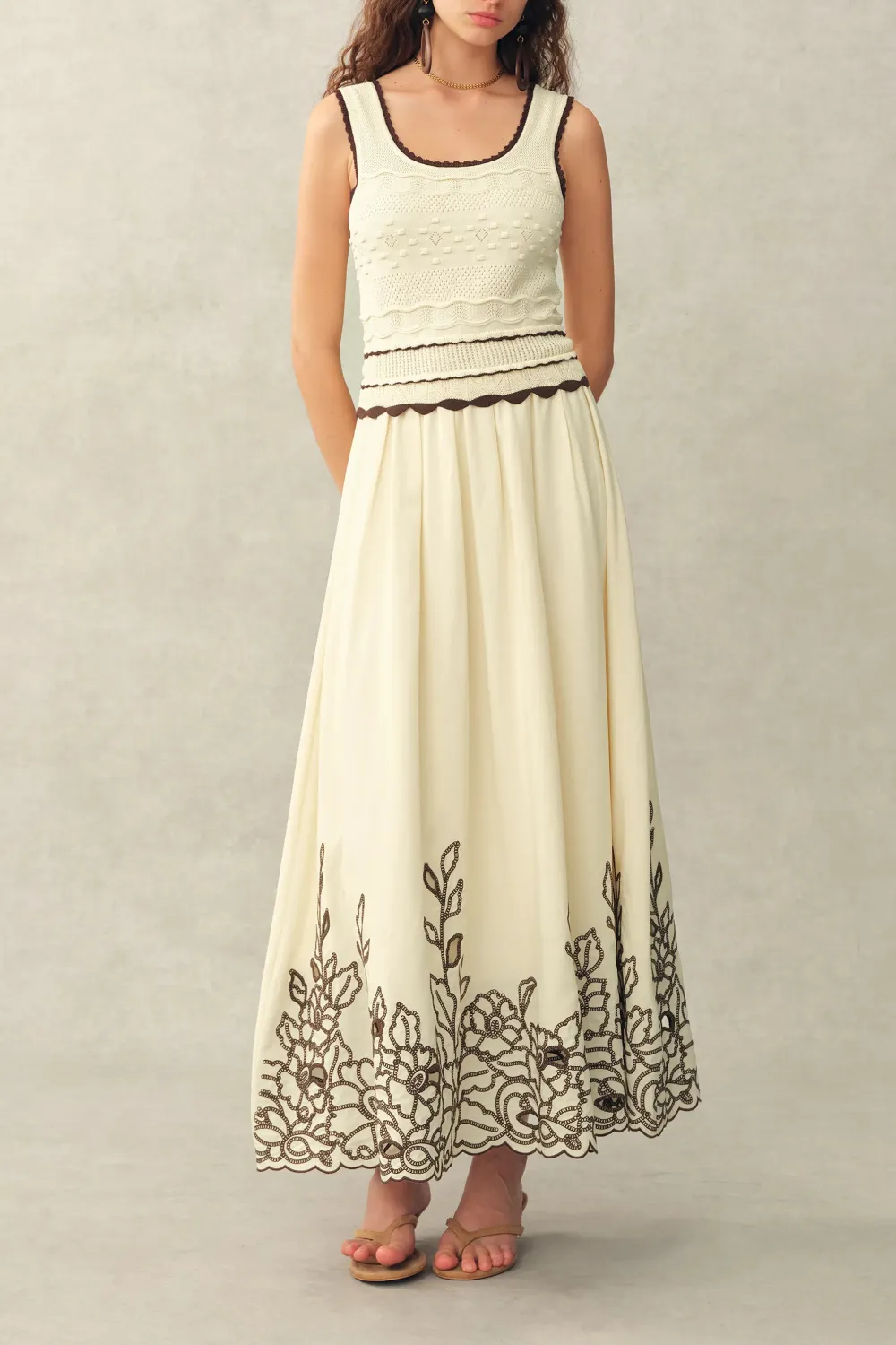Sleeveless Crochet Embroidered Cotton Linen Maxi Dress