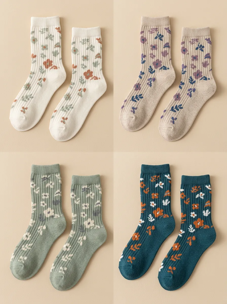 Women's Floral Ribbed Crew Socks Four Pair Set