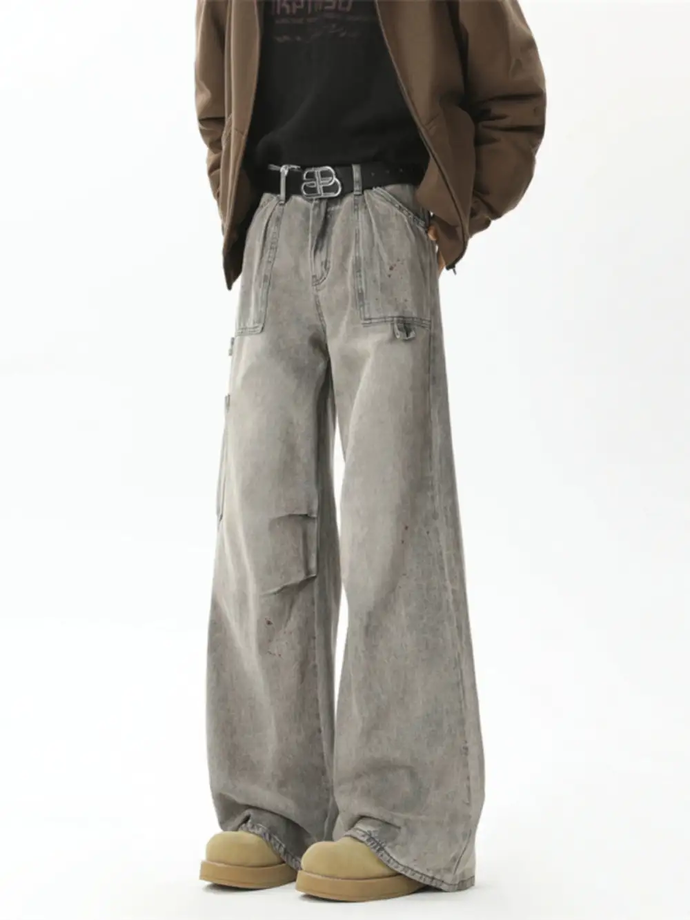 Wide-Leg Washed Cargo Pants