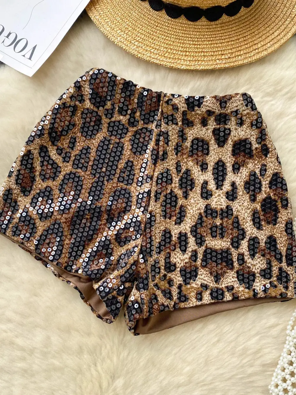 Sequin Detail Animal Print Casual Shorts