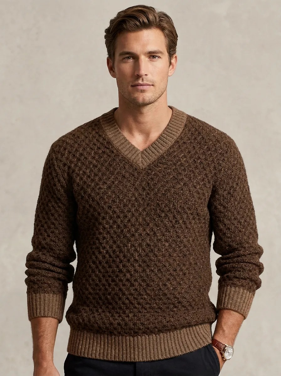 Men’s Ribbed Waffle-Knit V-Neck Sweater