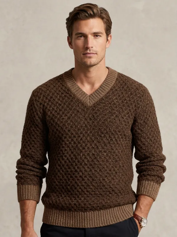 Men’s Ribbed Waffle-Knit V-Neck Sweater